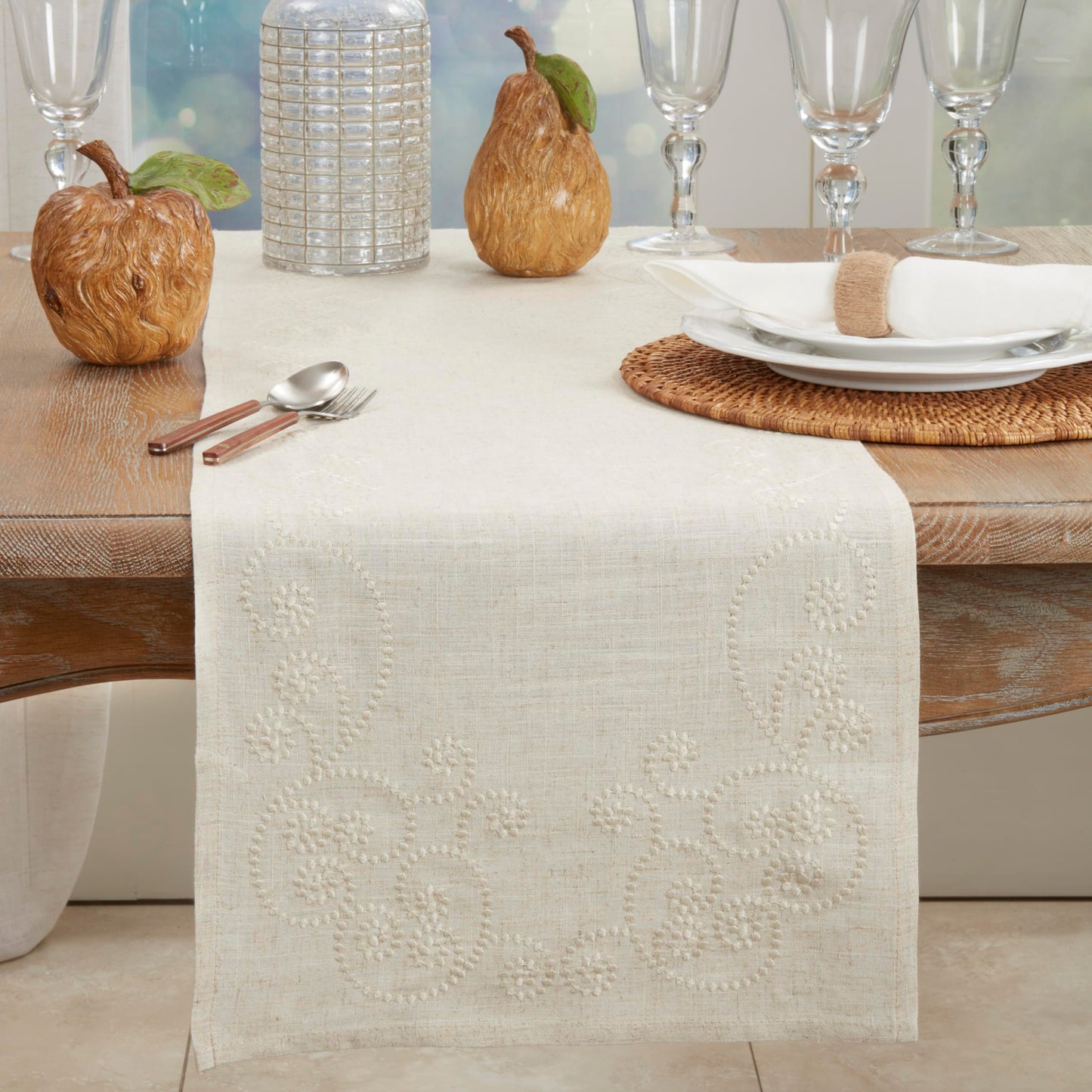 SARO LIFESTYLE 001.N1690B Augustina Collection Embroidered Swirl Design Linen Blend Table Runner, 16" x 90", Natural
