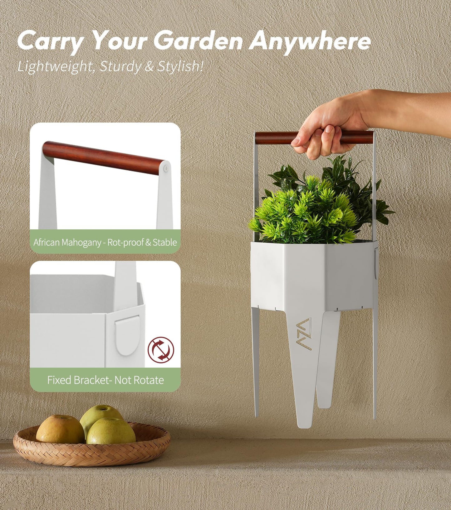 AZADESJET Planter with Stand, Metal 2 in 1 Portable Planter with Grow Bags & Handle, Stable Stylish Indoor Plant Pots with Stand, Modern Flower Pots Outdoor, 7.5'' x 17.3'', White, Plant Not Included