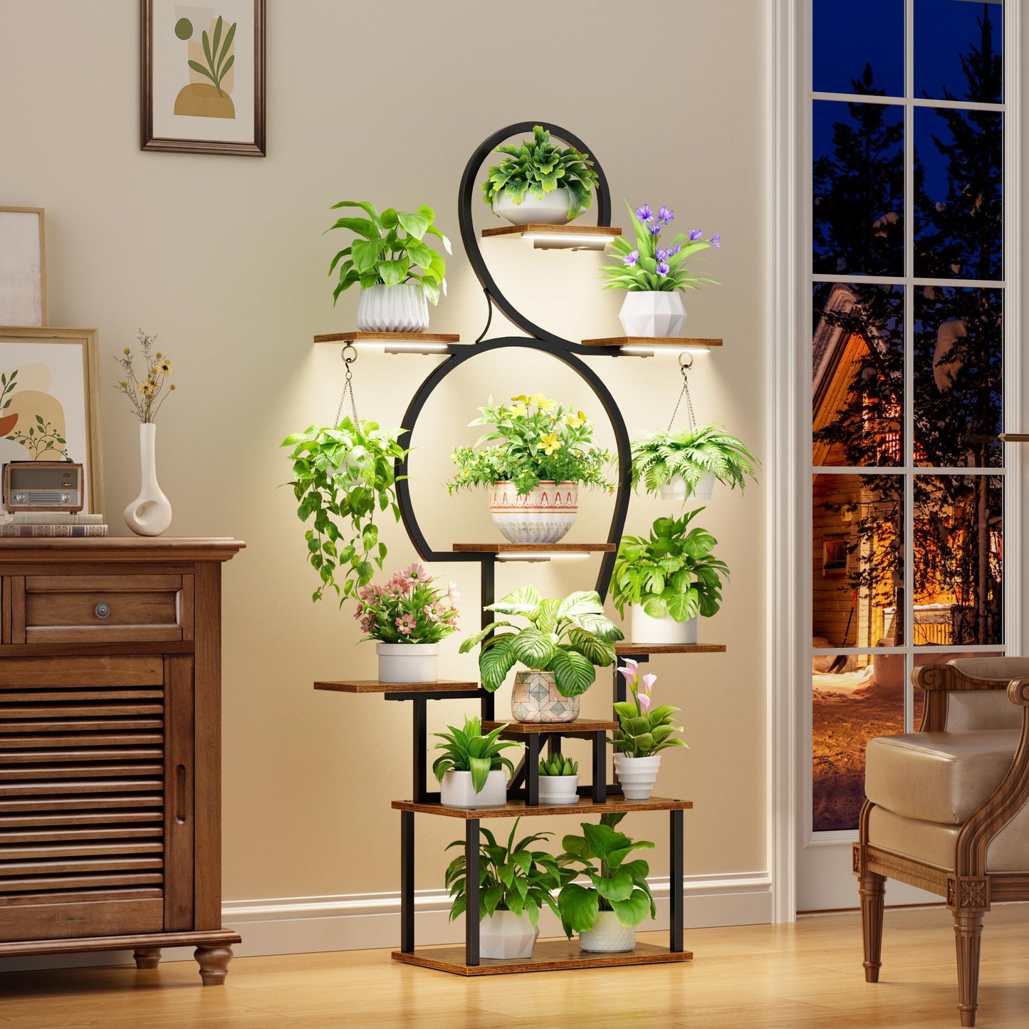 POZILAN Plant Stand Indoor with Grow Lights, 63'' Tall Indoor Plant Shelf, 9 Tiered Lighted Plant Stands for Living Room, Metal & Wood Corner Large Flower Holder for Alcony, Patio & Home, Black