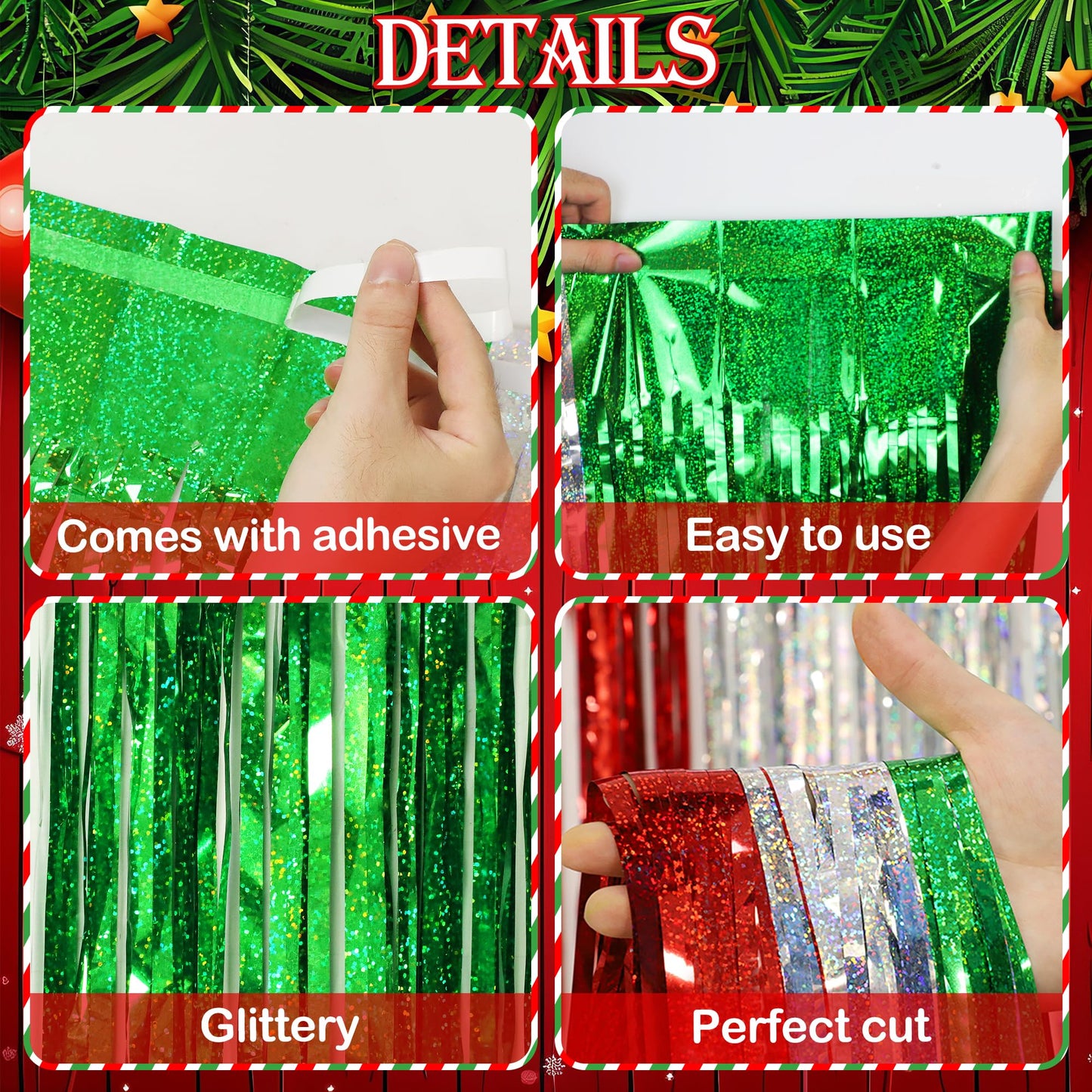 3 Pack Christmas Party Decorations Foil Fringe Curtains,3.3 X 6.6ft Red Silver Green Christmas Tinsel Metallic Backdrop Streamers Photobooth Props for Xmas Holidays Birthday Party Wall Decoration