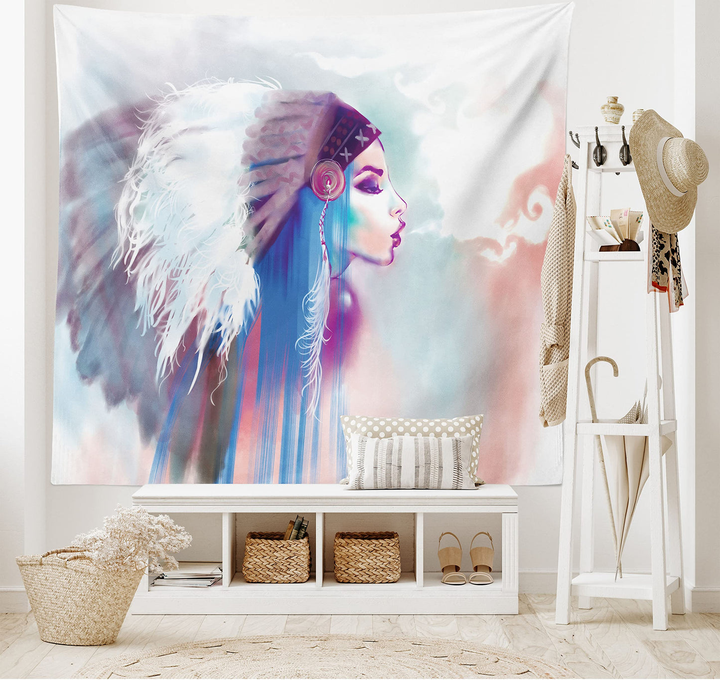 Ambesonne Tribal Tapestry, Girl Smoking Traditional Clothes Abstract Watercolor Background Illustration, Wide Wall Hanging for Bedroom Living Room Dorm, 60" X 40", Multicolor Purple