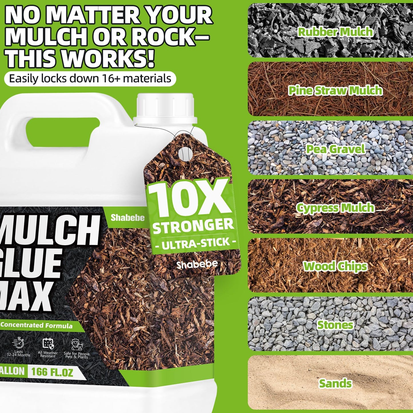 Shabebe Rock & Mulch Bond 2 Gallon, Super Concentrated Gravel & Mulch Binder for Landscaping, Water-Permeable, Pet-Safe When Dry, Weather-Resistant Mulch Lock for Gardens & Pathways