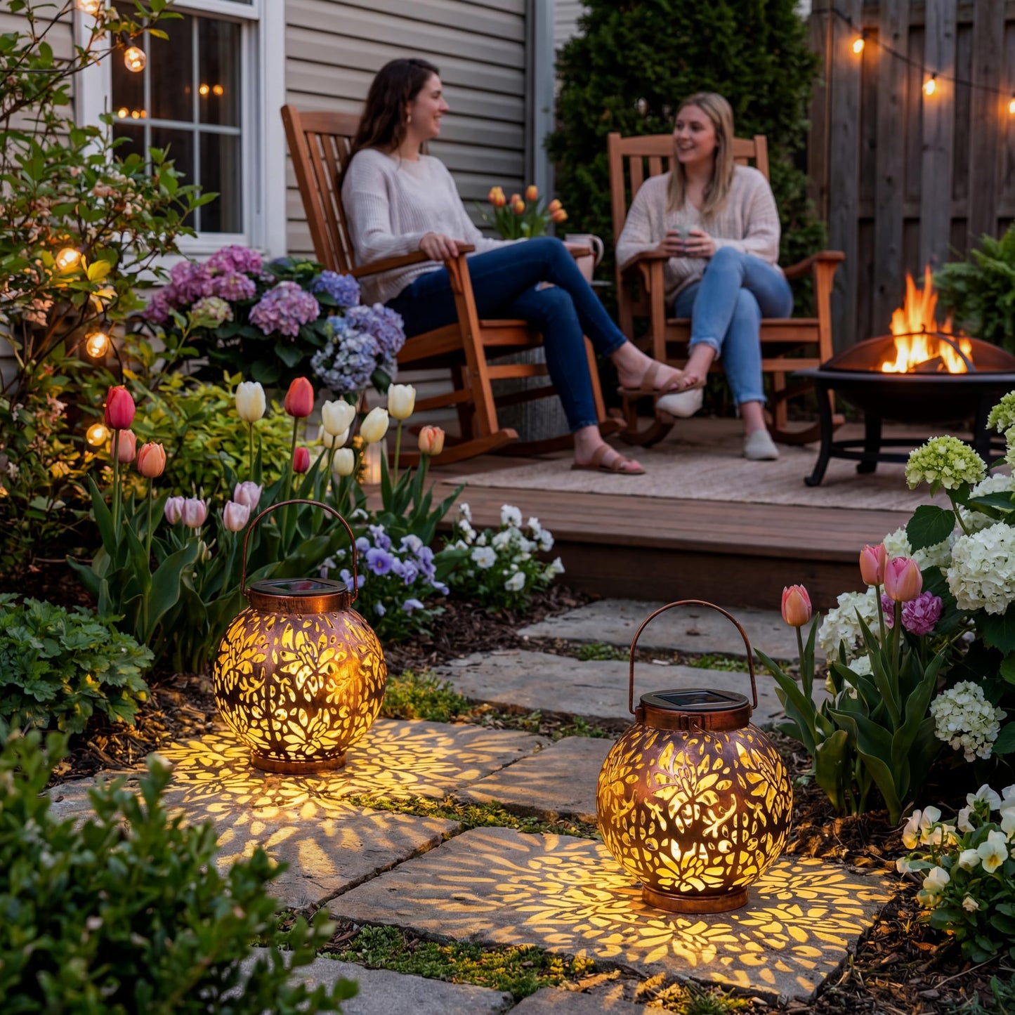 JOIEDOMI 2 Pack Outdoor Solar Hanging Lantern Lights, Waterproof Tabletop with Handle, LED Moroccan Lanterns, Metal Decorative Garden Solar Lights Spring for Patio, Lawn, Porch, Backyard