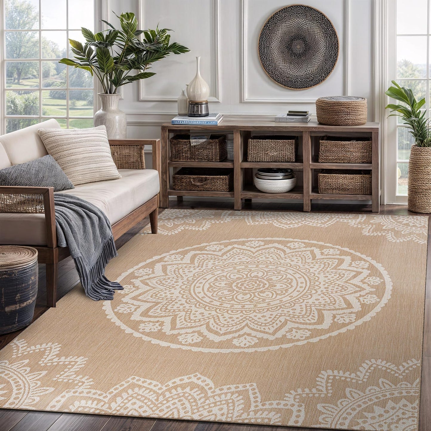 CAMILSON Outdoor Rug 8x10 Modern Area Rugs for Indoor and Outdoor Patios and Porches - Waterproof, Washable, Non-Shedding, Easy-to-Clean Outside Carpet (8 x 10, Medallion - Beige/White)