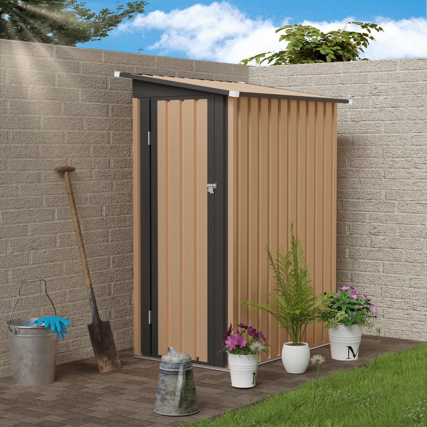 KEIKI 5x3 FT Metal Storage Shed with Pent Roof & Side Hinge Door, Small Outdoor Storage Shed for Garden Tools, Backyard Metal Shed for Patio or Tiny House Use, Brown