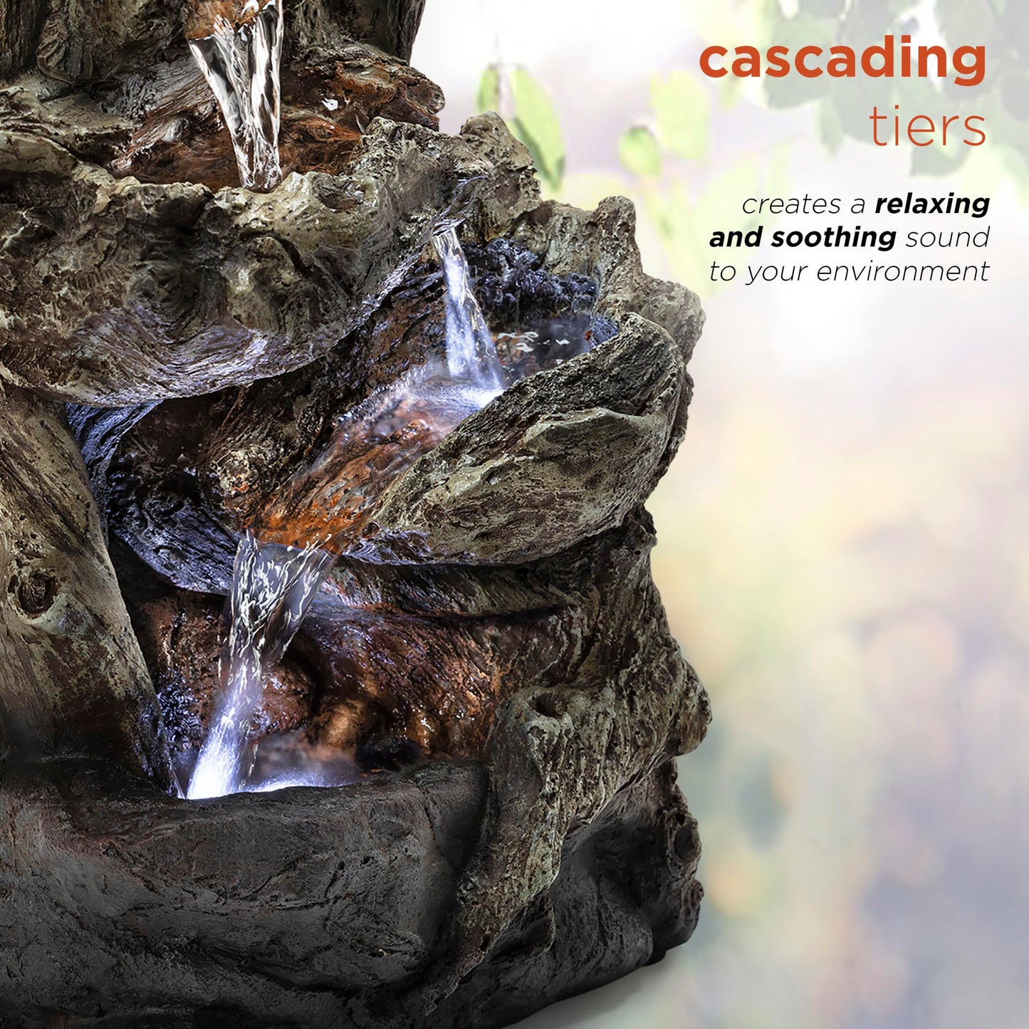 Alpine Corporation | 14"H Indoor Tiered Log Tabletop Fountain with LED Lights — Cascading Waterfall Design Creates Relaxing Ambiance for Home & Office Décor