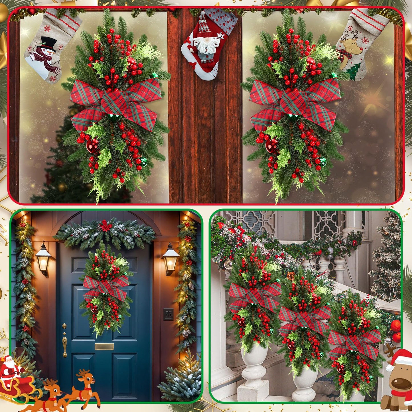 Lyrow 4 Pcs Christmas Artificial Swags 24" Xmas Stairway Swag Teardrop Trim Red Green Grid Christmas Staircase Decoration Garland for Indoor Outdoor Railing Decor(Red Green)