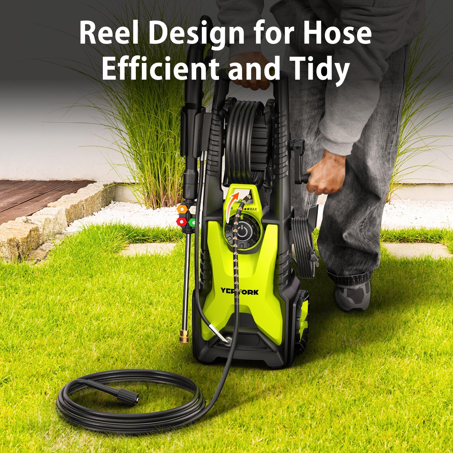 Yeryork 5000 Max Adjustable PSI Pressure Washer,2.5 Max GPM Power Washer with 33 FT Retractable Hose Reel, Stainless Steel Lance, 500ml Foam Cannon, 4-Nozzle Set, Washer for Cars, Fences, Patios