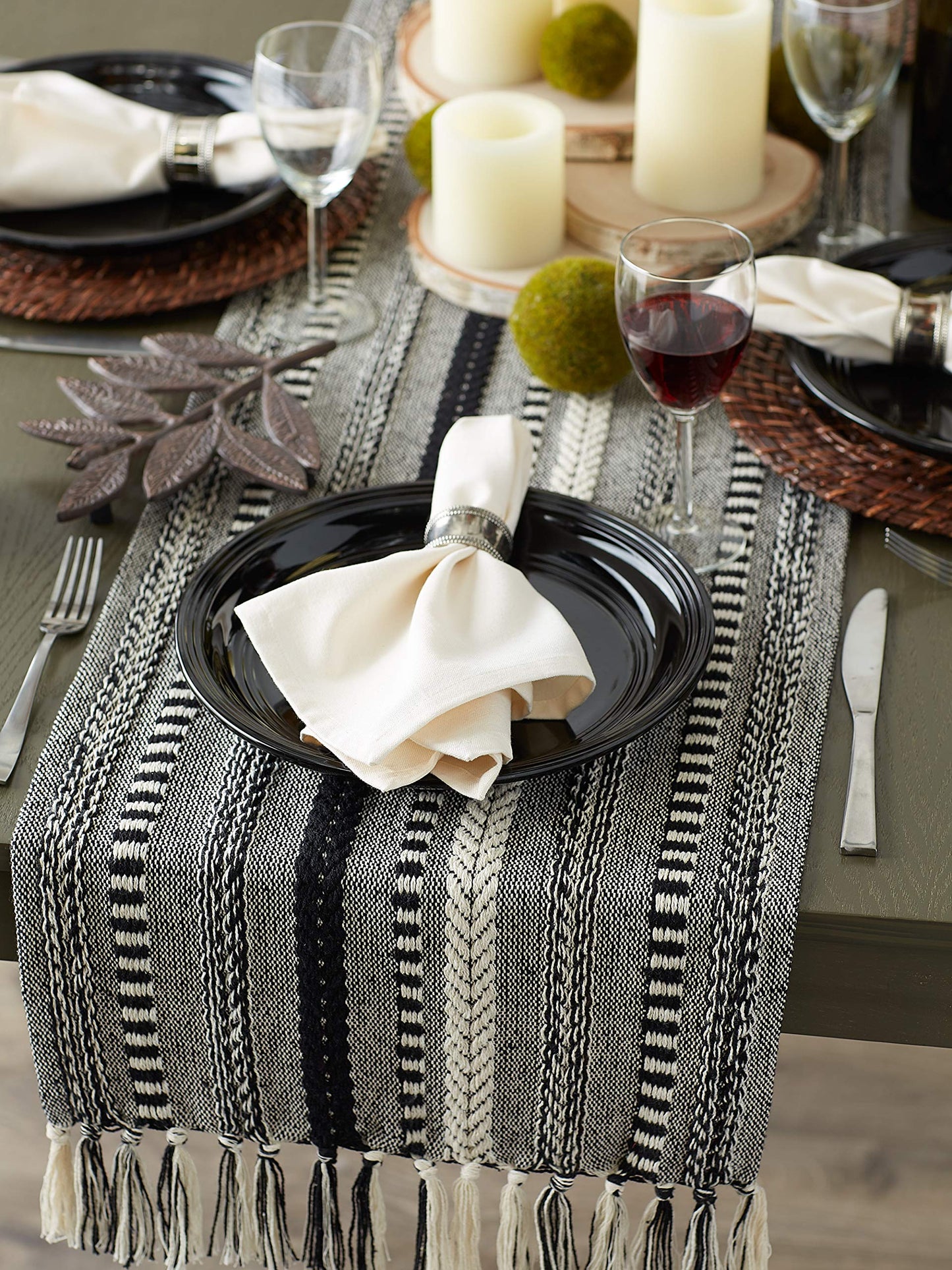 DII Farmhouse Braided Stripe Table Runner Collection, 15x72 (15x77, Fringe Included), Black
