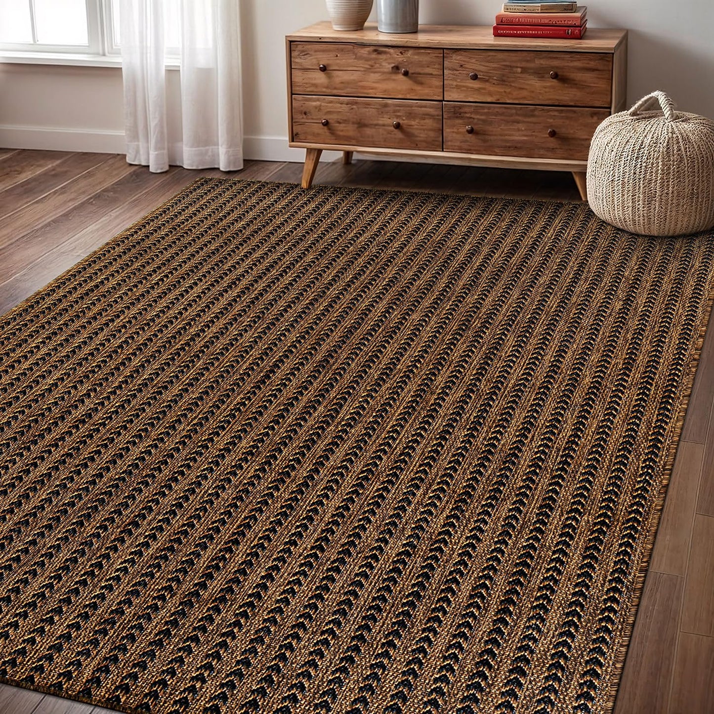 Washable Outdoor Rug 6x9 Modern Area Rugs Outdoor Carpets Striped Pattern Non Shedding Waterproof Easy Clean Patio Deck Porch Living Room Bedroom Garden RV (6 X 9 Gold)