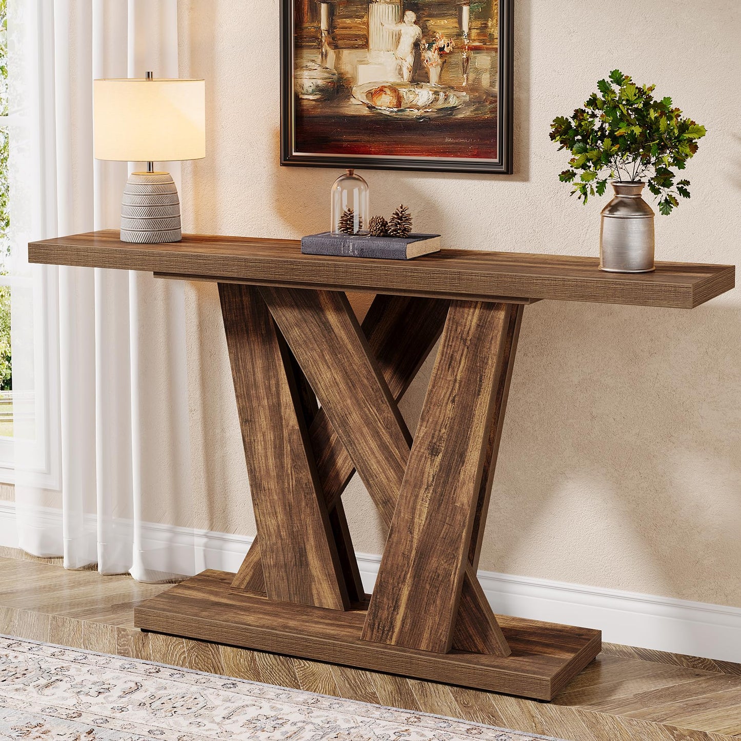 Tribesigns 55-Inch Farmhouse Console Table, Farmhouse Behind The Couch Table TV Stand with Geometric Base, Skinny Sofa Table Entryway Table for Entrance, Living Room, Hallway, Foyer, Rustic Brown