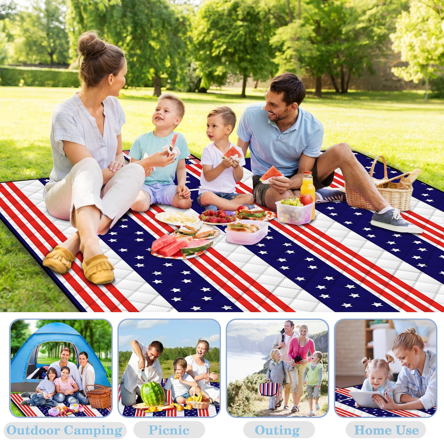 Poedist Extra Large Patriotic Picnic Blanket Waterproof,80"x 80"Foldable Machine Washable Beach Blanket,Outdoor Blanket for 6-8 Adults,Suitable for Indoor Crawling,Park Beach,Camping,Hiking,Family