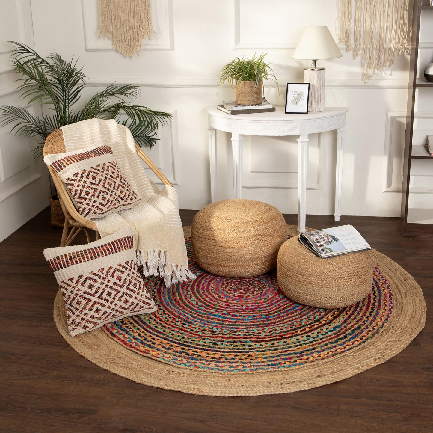 REDEARTH · Jute Circular Jute Pouf Ottoman - Braided Pouffe Accent Sitting Round Footrest for Living Room, Bedroom, Nursery, kidsroom, Patio, Gym; 100% Jute (19.5"X19.5"X14"; Jute Natural)