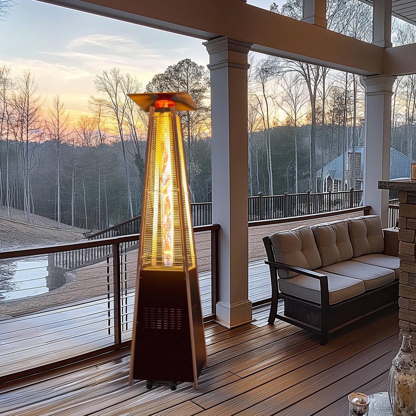 PATIOPIA 48,000 BTU Flame Pyramid Pool Heater With Cover, Triple Safety Protection Portable Patio Heater with Patio Cover, Warm Glass Tube with Durable Wheels-Brown