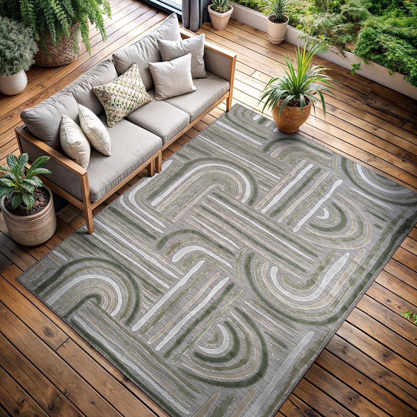 CAMILSON Indoor Outdoor Rug, Beige 5x7 Geometric Arch Striped Area Rugs for Patio and Home Areas, Easy-Cleaning Non-Shedding Living Room, Garden and Deck Washable Outside Carpet (5 x 7)