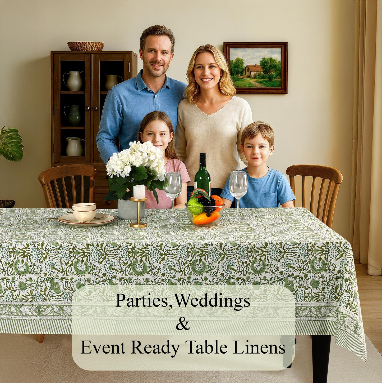 CPC Tablecloth 100% Cotton 60x90 Inch Indian Block Print Rectangle Table Cover, Washable Table Cloth for Weddings, Spring/Summer, Barbeque - Agate Green