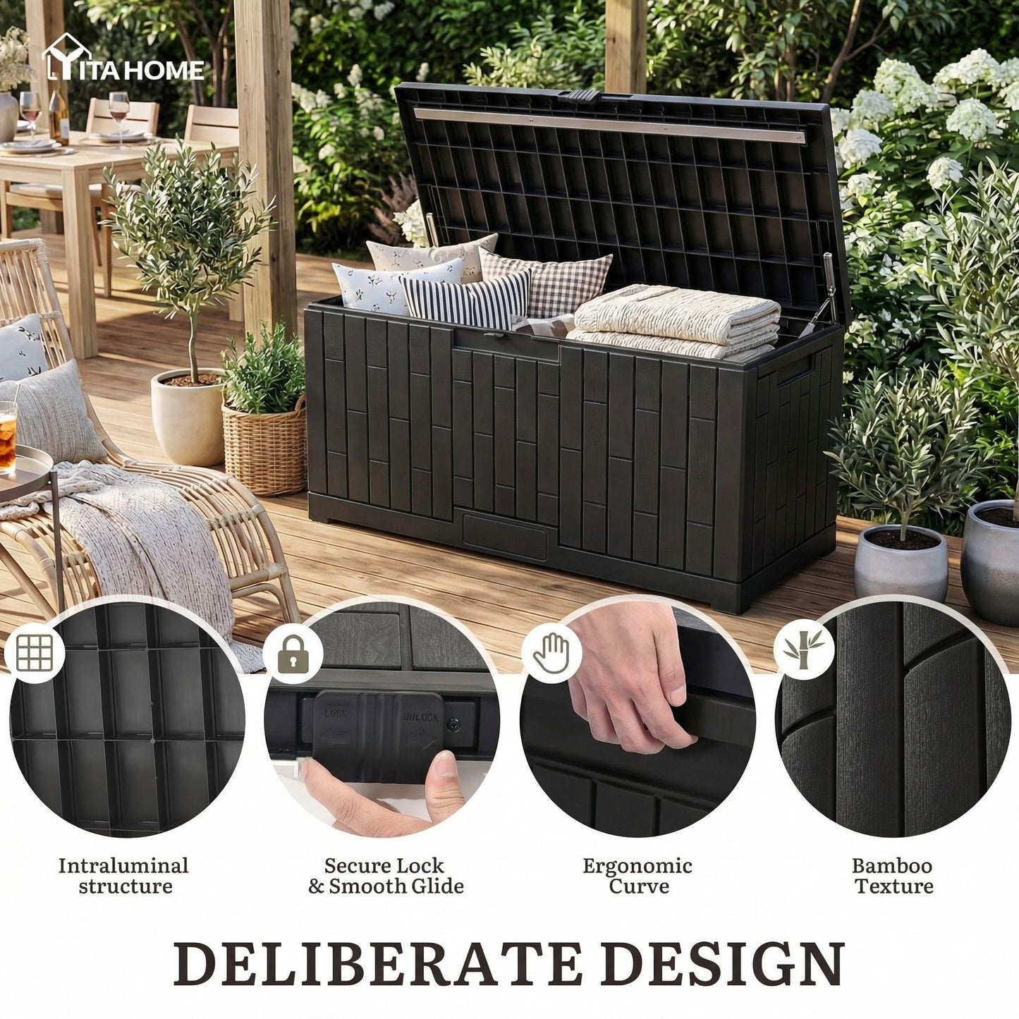 YITAHOME Large Outdoor Storage Box, 120 Gallon Waterproof Resin Deck Box with Slide-Locking Lid, Patio Storage Bin and Bench Seat for Garden Tools, Cushions & Pool Supplies, Easy Assembly, Black