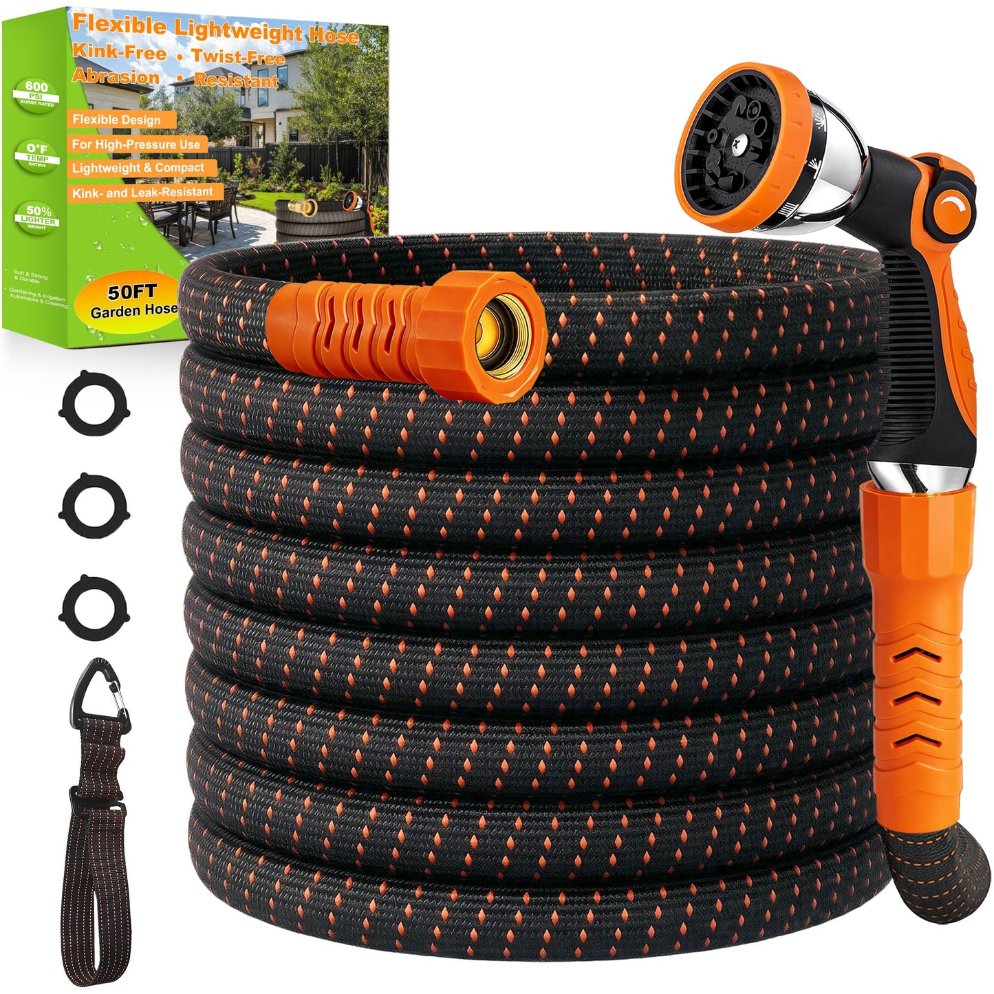 50FT Flexible Lightweight Garden Hose w/ 10Pattern Spray Nozzle,3/4 Inch 2026 Elastic Out Layer 2X Garden Hose,Triple Latex Core,No-Kink,Anti-Burst,Leak-Proof,Easy Use&Storage (50 FT)
