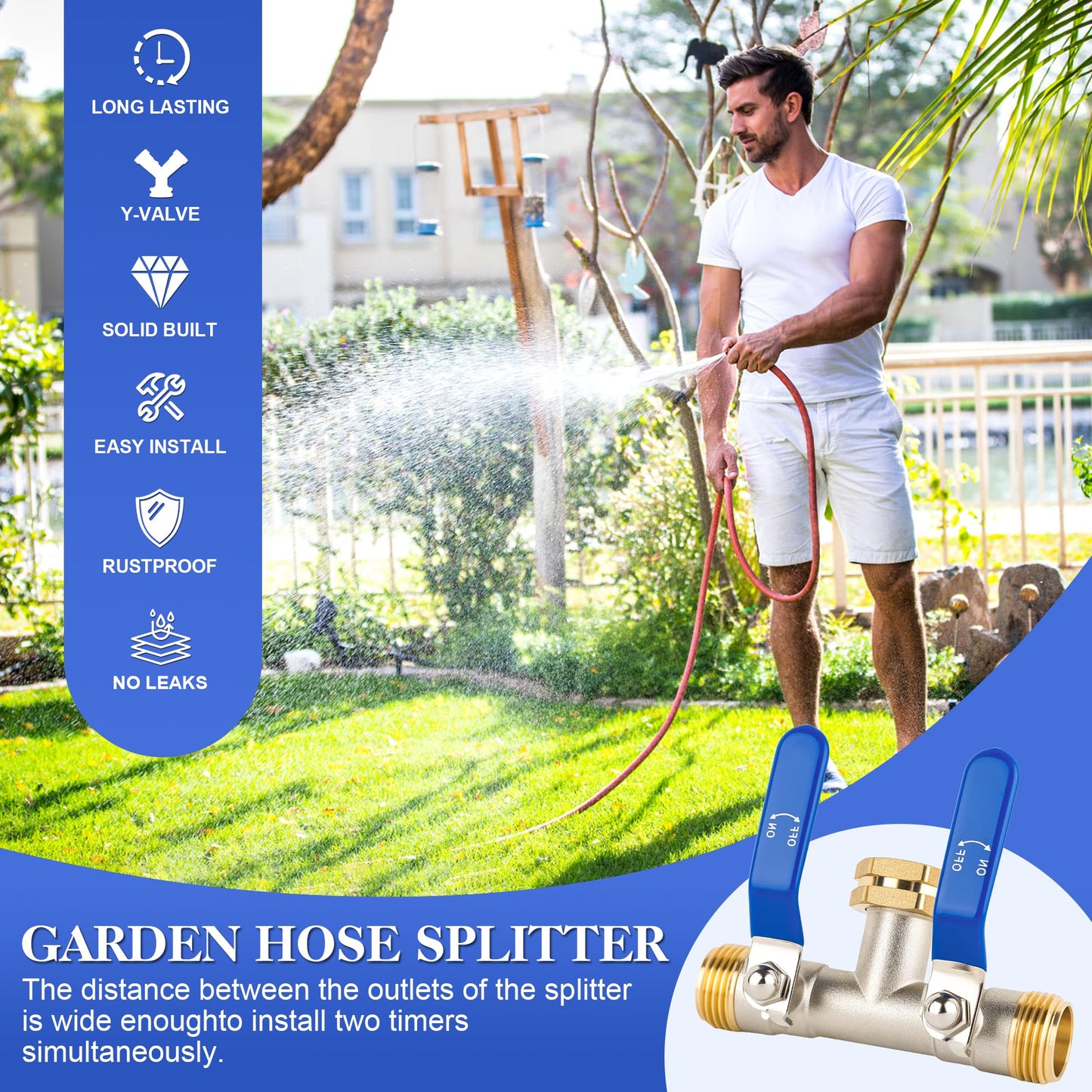 EJW 2 Way Faucet Splitter,Double Hose Connector,Garden Hose Splitters, Hose Splitter 2 Way, Two way Hose Bib Splitter, Water Spigot Splitter, RV Brass Hose Splitter, Hose Valve 3/4 Inch GHT Thread.