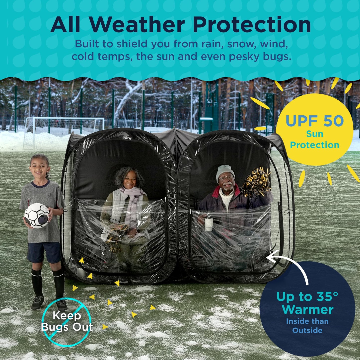 WeatherPod® Side-by-Side™ 2-4 Person Pop-Up Sports Tent Pod - The Original Shark Tank Instant Setup All-Weather Pod Shelter for Outdoor Sports, Rain, Wind & Cold
