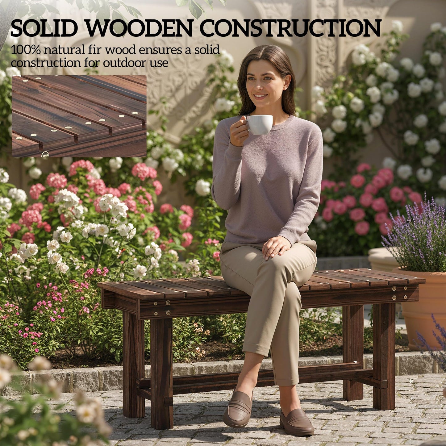 Outsunny 35.4" Wooden Garden Bench with Storage Shelf, 2 Seater, Suitable for Patio, Balcony, Outdoor Bench, Carbonized Wood