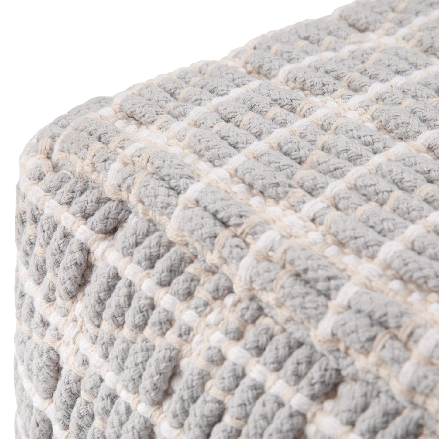 SIMPLIHOME Noreen Square Pouf - 18 inch Wide Upholstered Handwoven Cotton Ottoman in Light Blue and White, Boho Footstool or Extra Seating for Living Room with Polystyrene Filling, Assembled