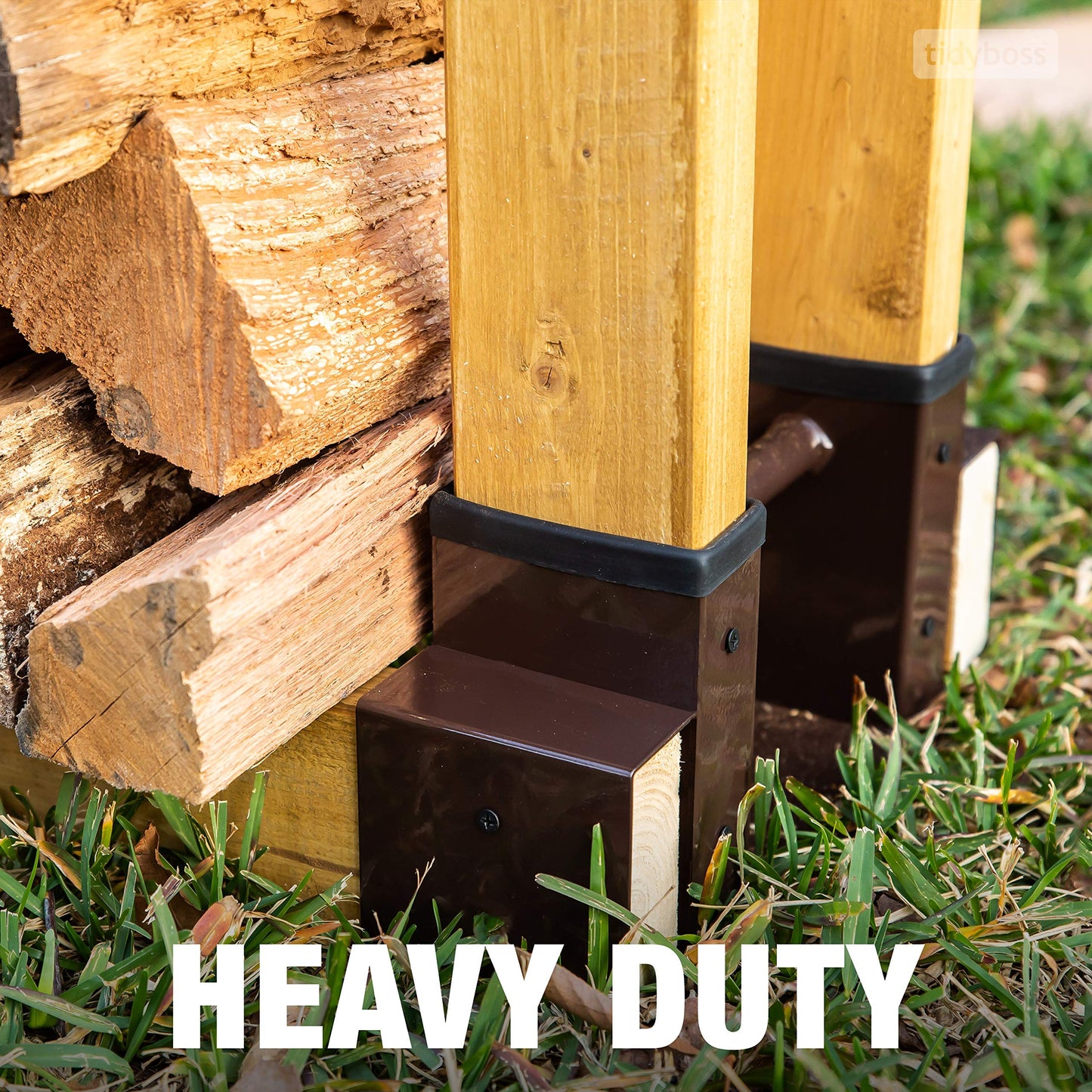 TIDYBOSS 2 Pack Firewood Rack Outdoor | 2x4 Brackets for Wood | Lumber Storage Rack Log Holder | Adjustable to any Length with Seal Strip, Gloves, Steel Plates and Screws (Dark Brown)