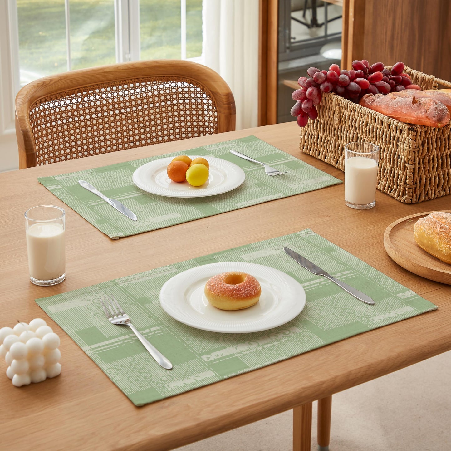 LilyCat Linen Fabric Floral Placemats, Green Stripes Durable Boho Dining Table Mats for Kitchen, Rustic Vintage Washable Place Mats Set of 4, 18’’× 12’’