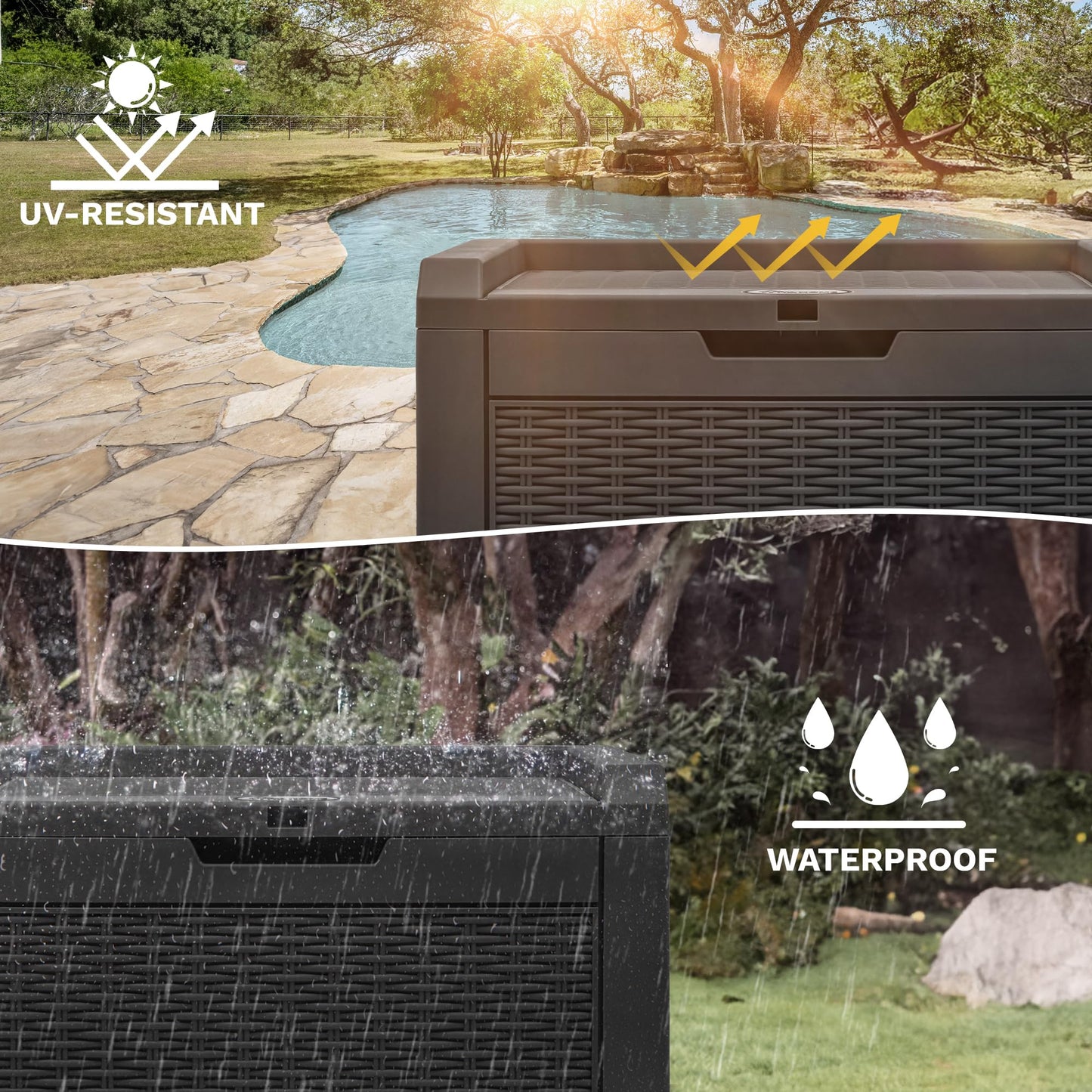 DWVO 32 Gallon Resin Storage Box, Indoor Outdoor Deck Box for Package Delivery, Patio Cushions, Gardening Tools, Lockable, Waterproof
