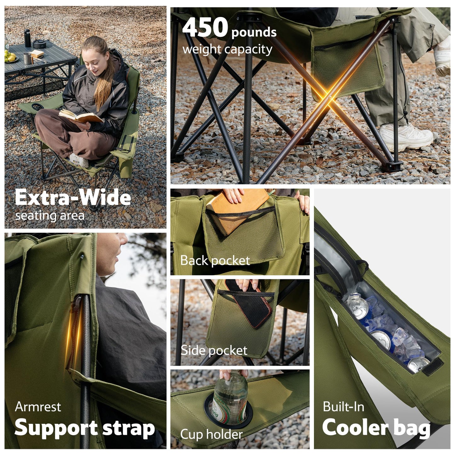Naturehike Oversized Camping Chair with Cooler Bag, Heavy Duty Lawn Chair Support 450 LBS, Portable Padded Outdoor Folding Chair, 2 Pack