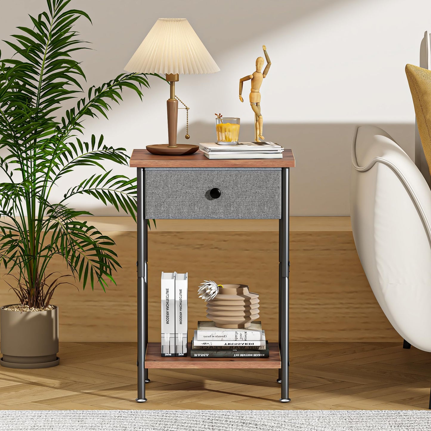 VECELO End Tables, Modern Nightstand with Fabric Drawer & Open Shelf, Night Stand for Bedroom Living Room, Industrial Metal Frame, Easy Assembly, Rustic Brown,1 Pack