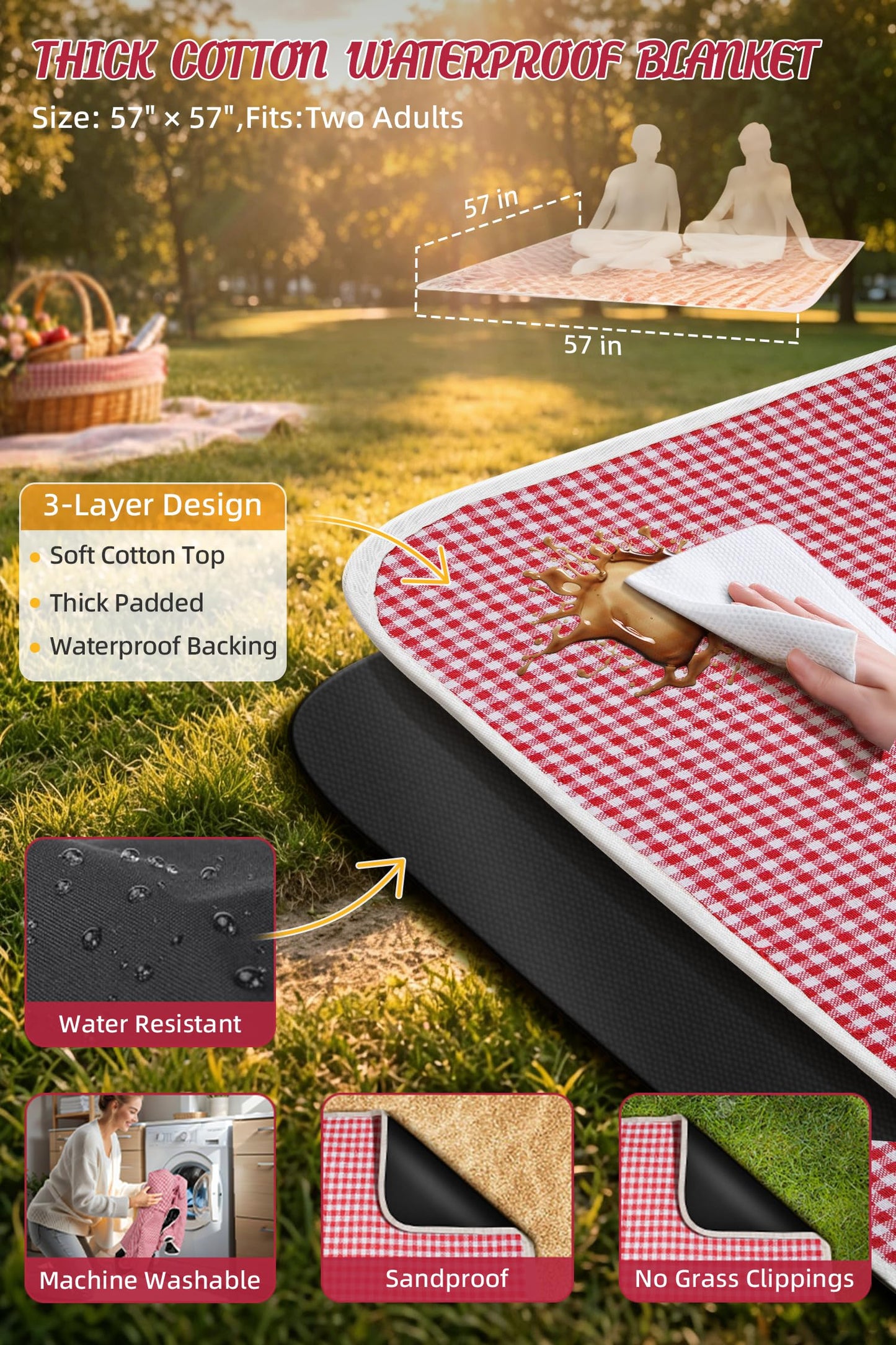 Wedding Gift Picnic Basket for 2 with Waterproof Blanket, Plates, Cutlery Mr and Mrs Glasses, Oval Wicker Hamper with Red Gingham Liner for Engagement, Bridal Shower and Anniversary Dates