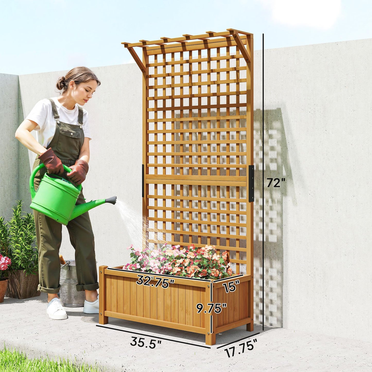 Outsunny Wood Planter with Trellis, Raised Garden Bed for Climbing Plants w/Drainage Holes and Roof, 35.5" x 17.75" x 72", Yellow