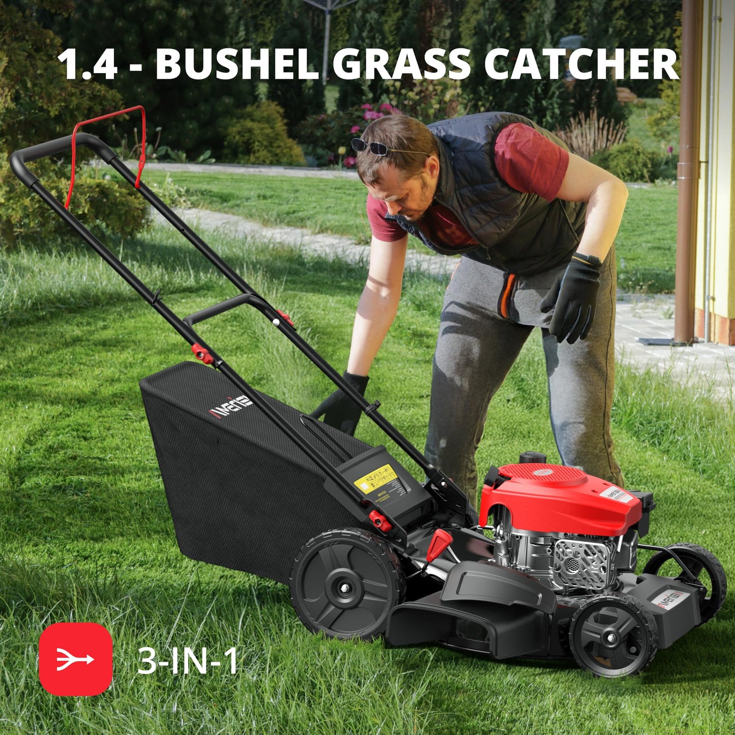 AMERISUN 21-Inch 3IN1 Gas Push Lawn Mower, 144cc 4-Cycle OHV Engine, Mulch/Bag/Side Discharge, 6-Position Height Adjustment, Steel Deck Walk-Behind Mower for Small to Medium Yards