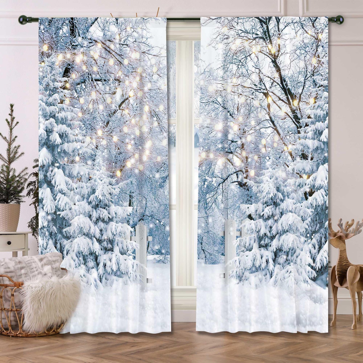 Felortte 82" Wx 84" L Winter Scene Window Curtain Blue Wonderland Snowflake Forest Landscape for Christmas Home Bedroom Living Room Decor Decorations with Fabric Machine Washable