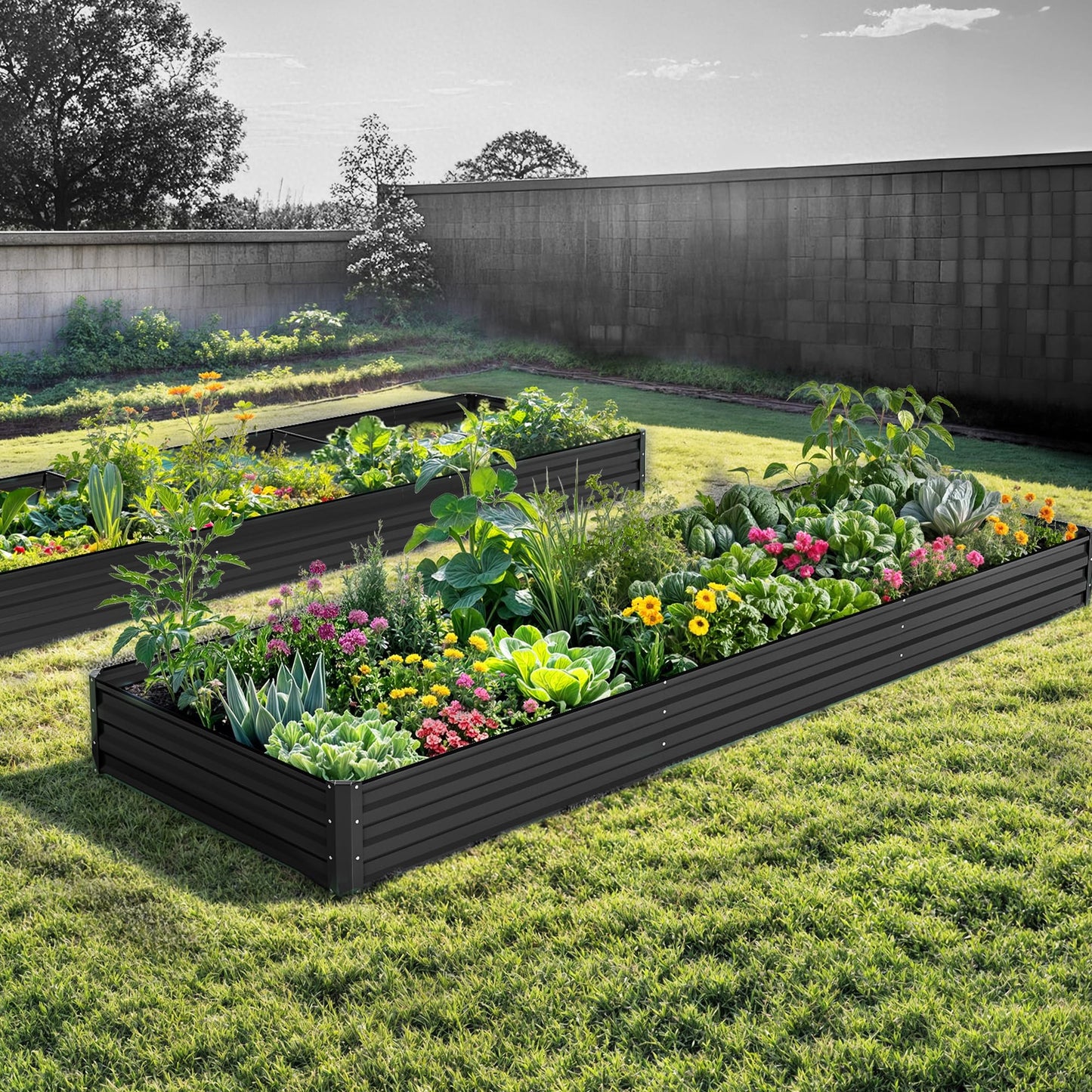 DWVO 12 x 4 x 1 FT Raised Garden Bed Kit, Outdoor Galvanized Flower Bed with Safety Rubber and Gloves, Large Metal Planter Box for Vegetables, Flowers, Herbs, Fruits, Black