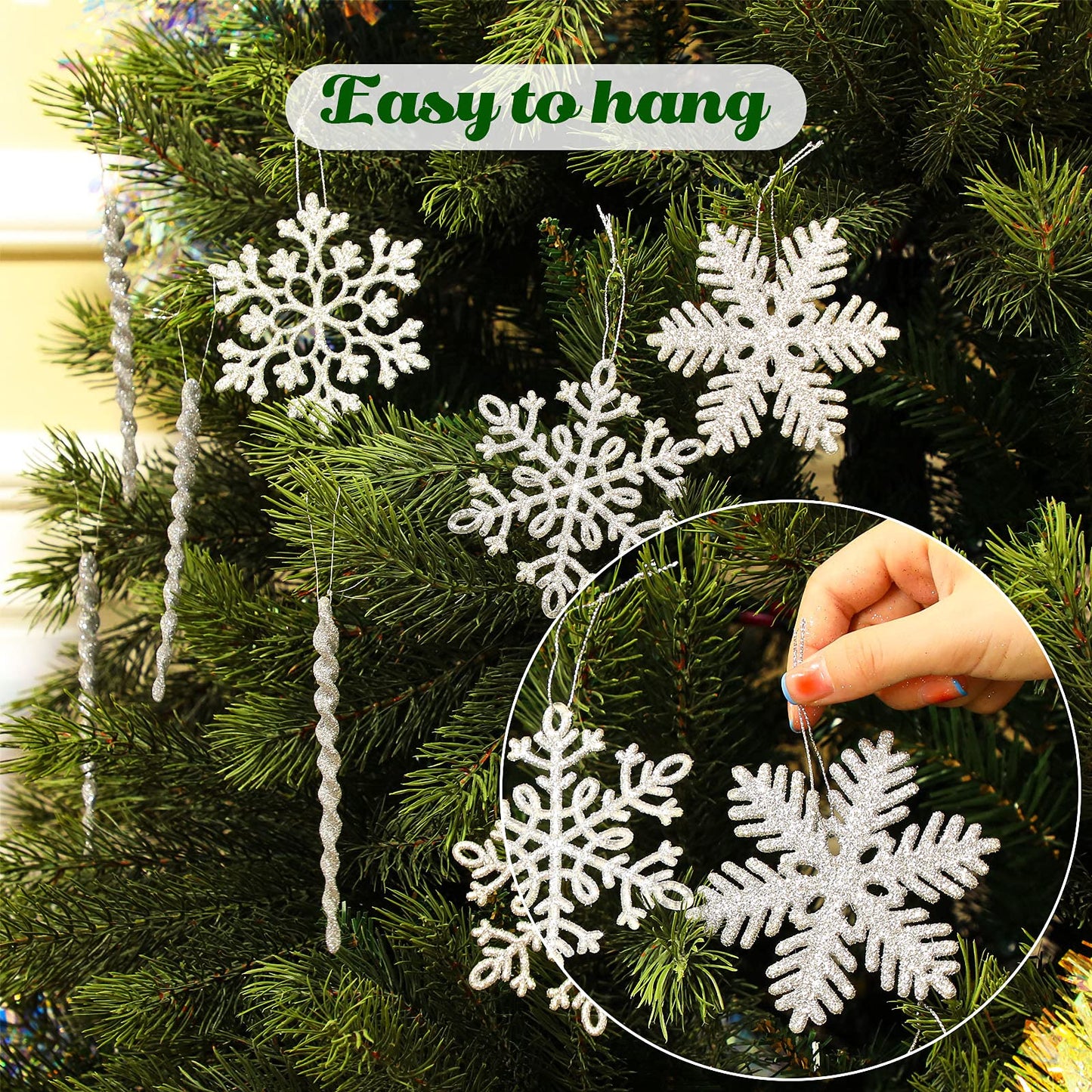 Skylety 48 Pieces Christmas Icicle Ornaments for Tree Glitter Snowflake Hanging Decorations with Aluminum Spiral Strip Hangings for Window Door Home Wedding Winter Snow Party(Silver)