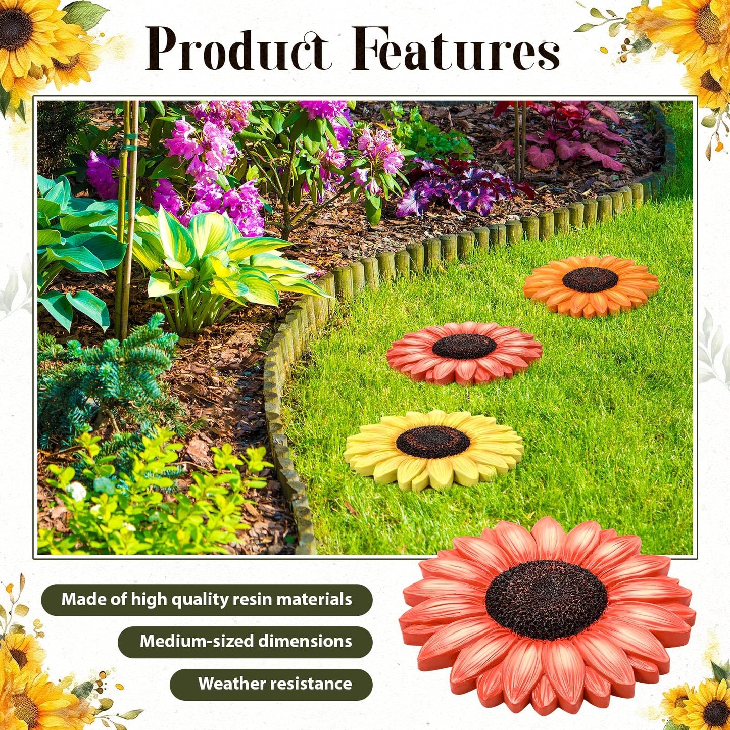 Cinnvoice 3 Pack Garden Stepping Stone Outdoor, Decorative Dimensional Resin Stepping Stones for Patio Pathway Landscaping Walkway Sculpture Yard Backyard Lawn(Sunflower,10 Inches)