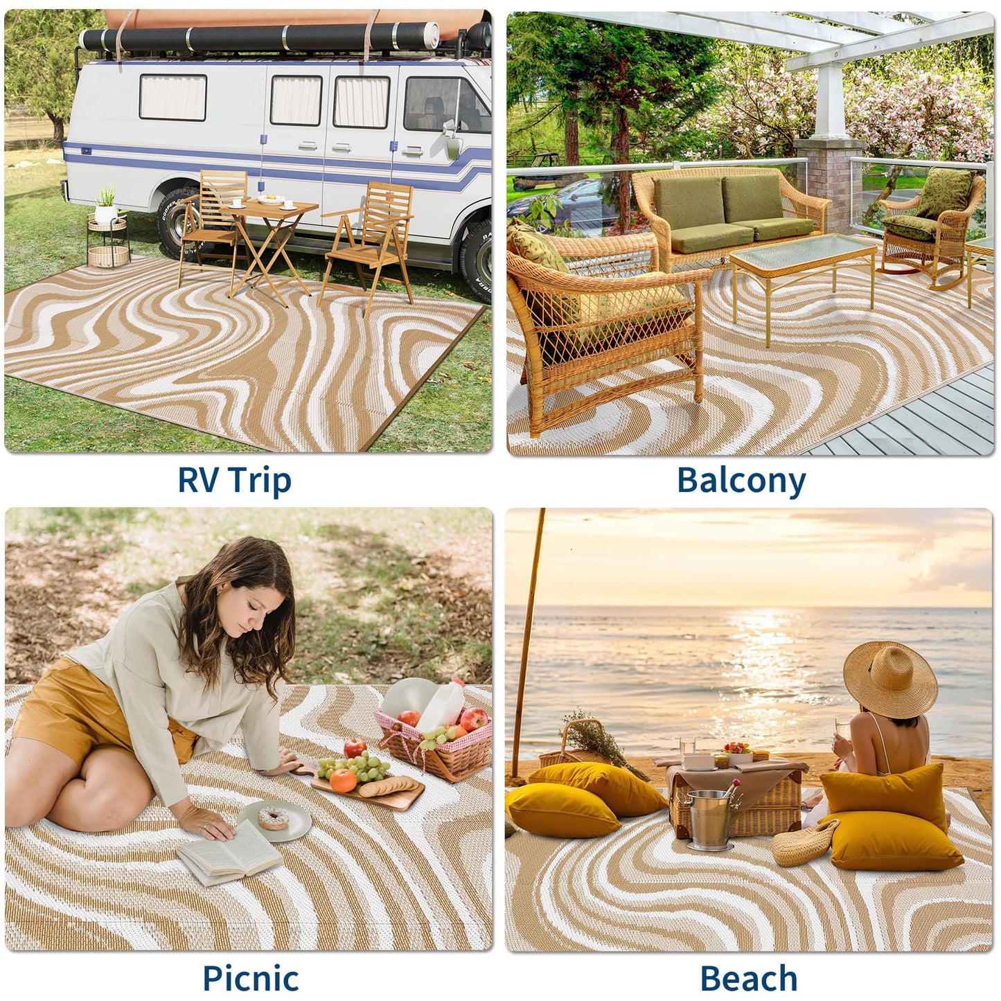 Garvee 10x14 Modern Large Outdoor Rug, Waterproof Rug for Camping, Reversible Plastic Straw Rugs UV Resistant Abstract Carpet for Picnic Backyard Deck Balcony Porch Beach Trailer, Light Brown