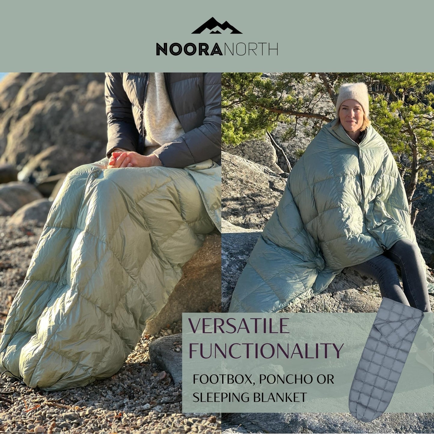 Noora North Down Camping Blanket with Footbox – Lightweight, Packable, Water Resistant Backpacking Quilt & Warm Puffy Compact Outdoor Throw – 52x77 with Stuff Sack for Stadium, Hiking & Travel
