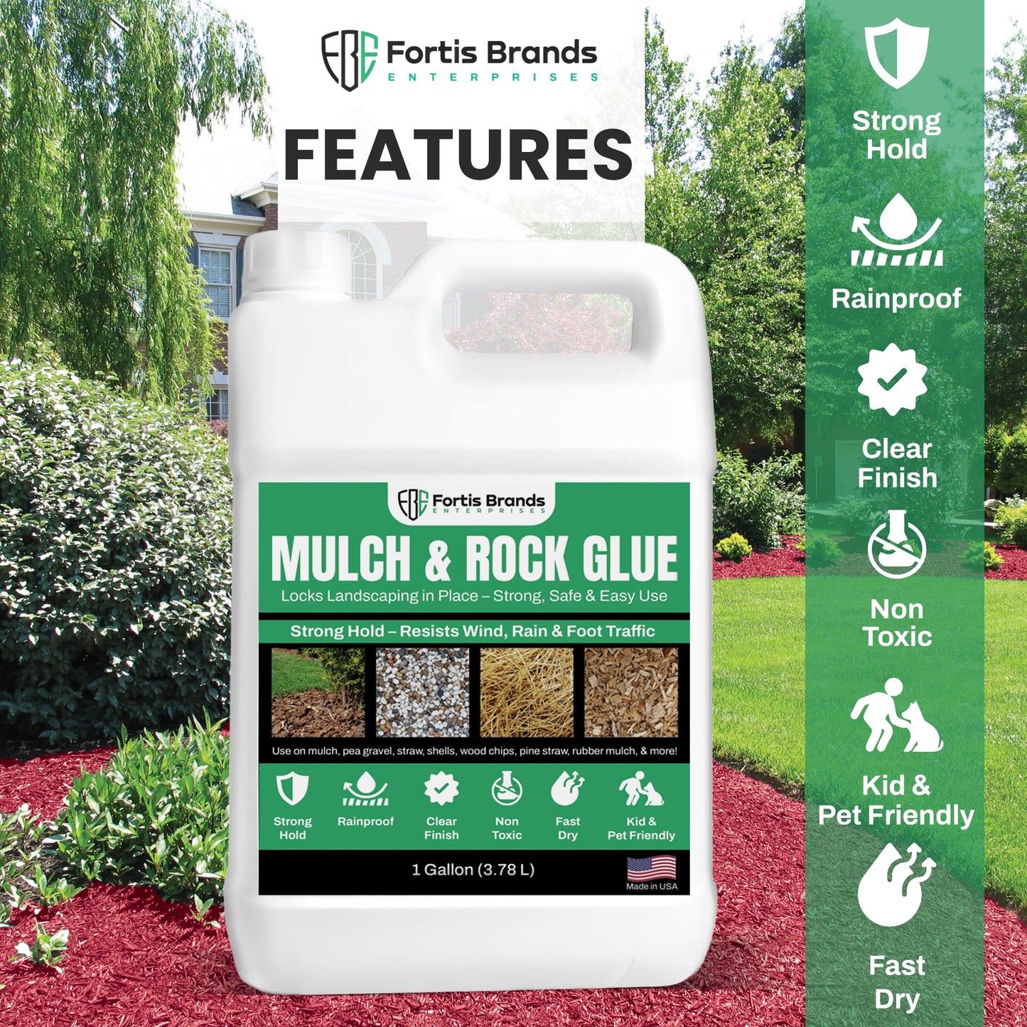 FBE Fortis Mulch Glue and Rock Glue for Landscaping - 1 Gallon Pet and Plant Friendly Gardening Adhesive, Heat Resistant, Max Hold on Mulch, Rock, Pea Gravel, Shells, Straw, Stone, Hay and More