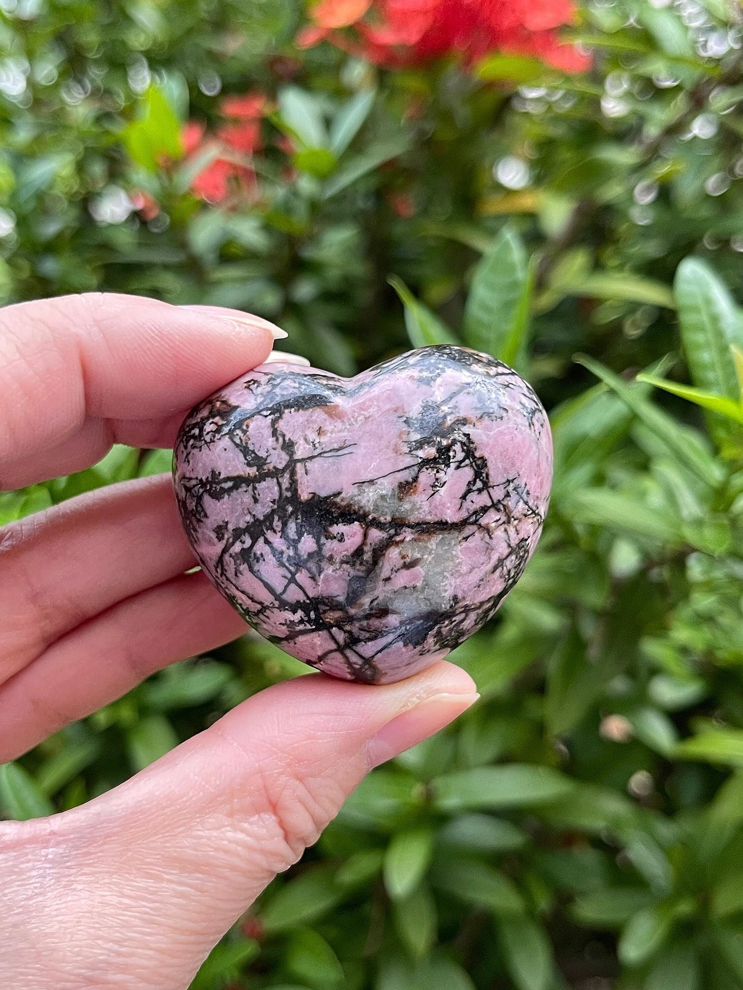 GAF TREASURES Rhodonite Gemstone Hearts, Polished Rhodonite Puffy Hearts, Rhodonite Crystal Palm Stone, Rhodonite Healing Crystal Hearts (1 Heart)