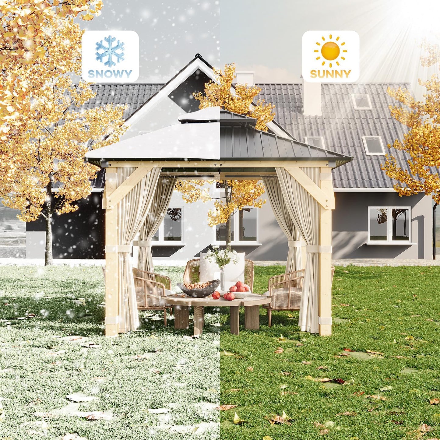 Garvee 10x10 Ft Wood Gazebo, Upgrade Spruce Frame and Double Galvanized Steel Roof, Hardtop Gazebo with Nettings and Curtains for Backyard, Patio, Garden and Lawn, Khaki