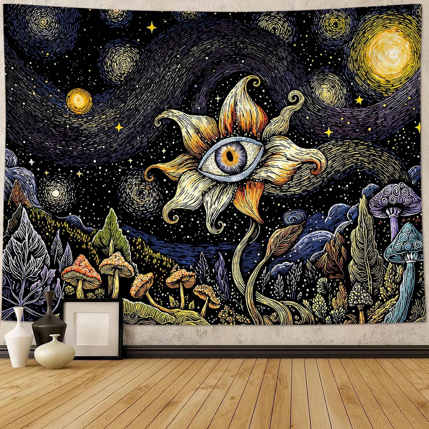 Yeoiat Tapestry Cosmic Flower Tapestries Mushroom Landscape Wall Hanging Starry Night Visionary Botanical Art Decor Bedroom Dormitory 48"x36"