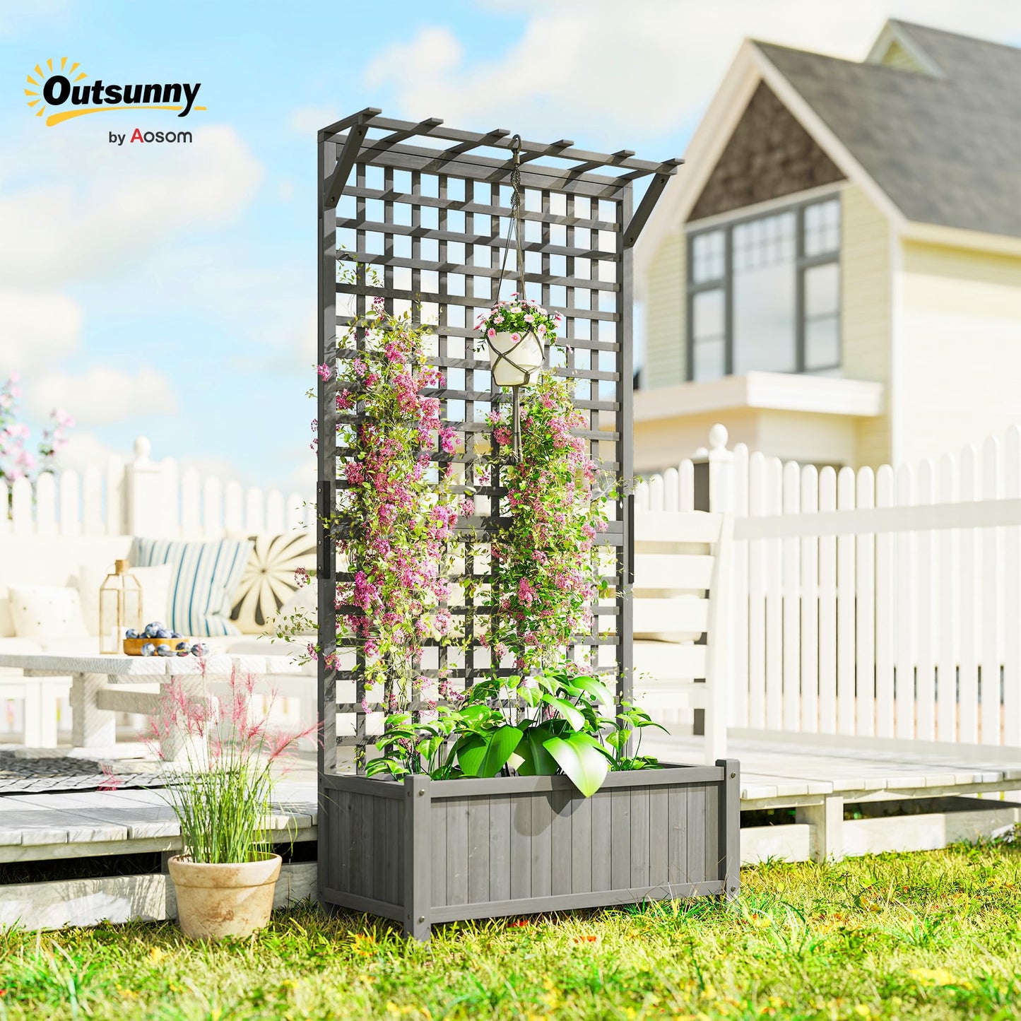 Outsunny Wood Planter with Trellis, Raised Garden Bed for Climbing Plants w/Drainage Holes and Roof, 35.5" x 17.75" x 72", Dark Gray