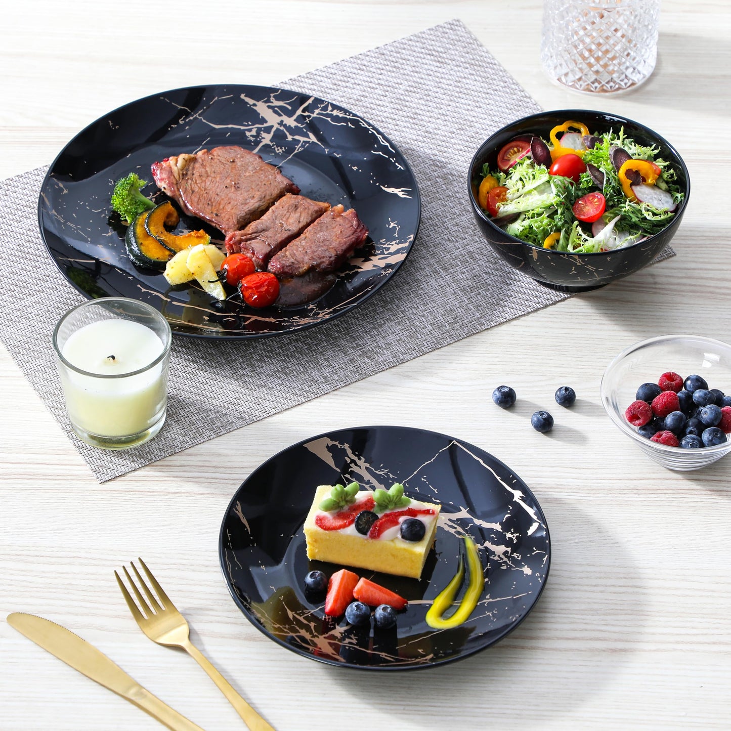 LOVECASA Plates and Bowls Sets for 4, 12 Pieces Porcelain Dinnerware Sets, Black and Gold Dish Set Gold Splash Dishware Sets, Dishwasher Microwave Safe