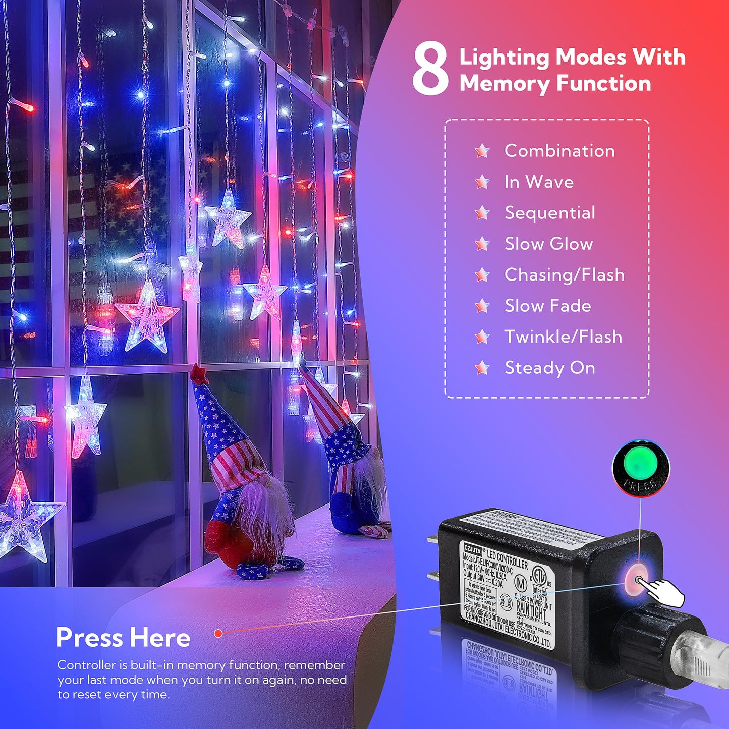 4th of July Patriotic Star Icicle Lights,red White and Blue Curtain String,11.5ft 118LED Waterproof 8 Modes with Timer Connectable Independence Day Decorations Window Lights for Outdoor Indoor