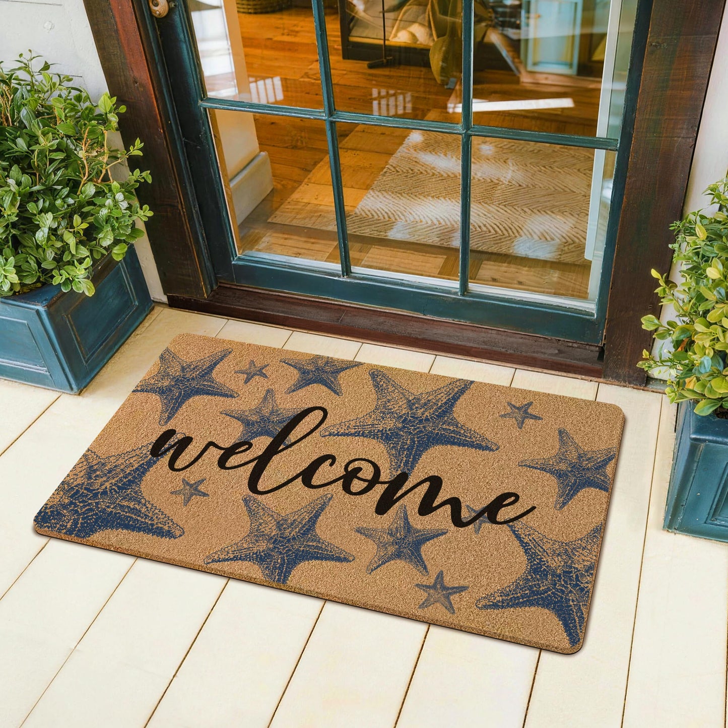 GUULIJEEMIY Coastal Starfish Door Mat, Nautical Blue Starfish Welcome Front Door Mat Rug Outdoor Indoor Entrance, Beachy Ocean Artificial Coir Doormat for Beach House Porch Patio Entry, 30x17 Inch