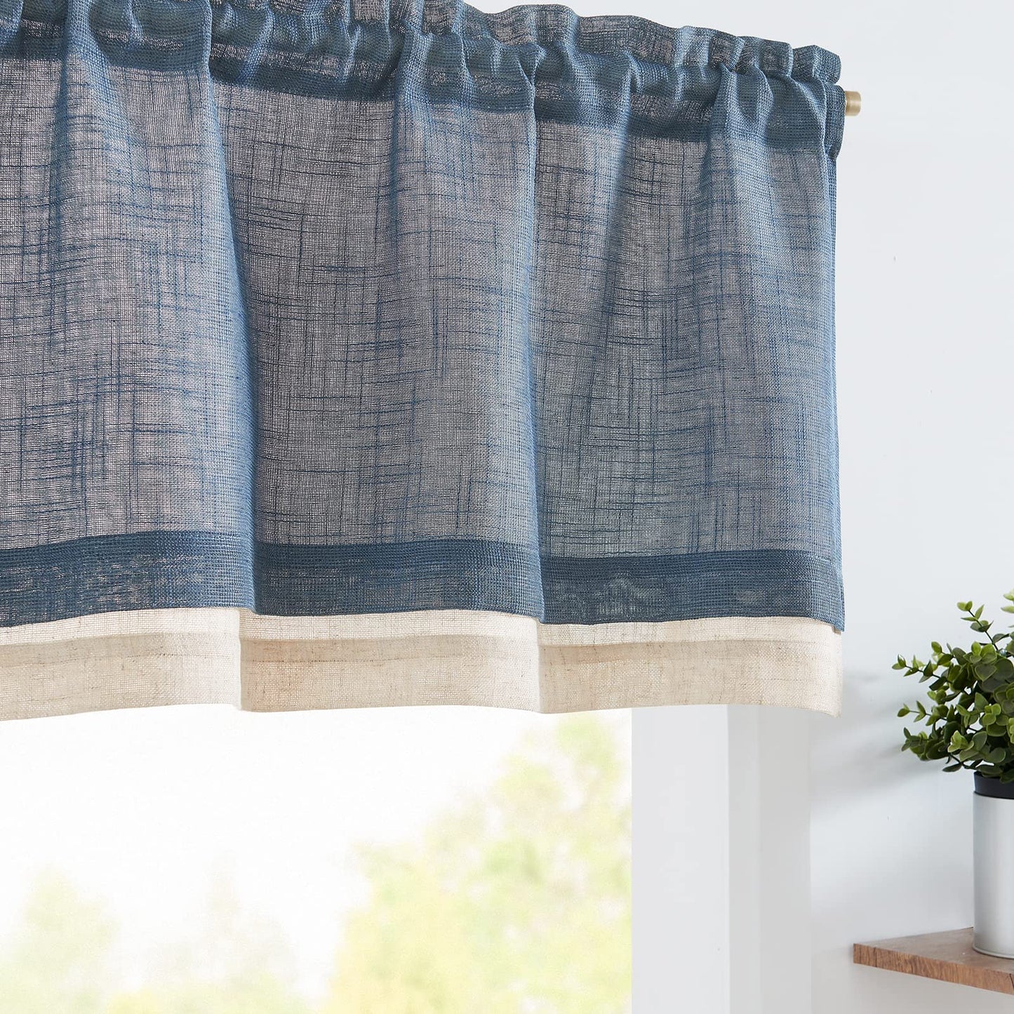 jinchan Linen Valance for Farmhouse Living Room Windows 16 Inch Slubbed Crossed Double Layer Window Valance Light Filtering Rustic Country Overlay Rod Pocket 1 Panel Navy Blue