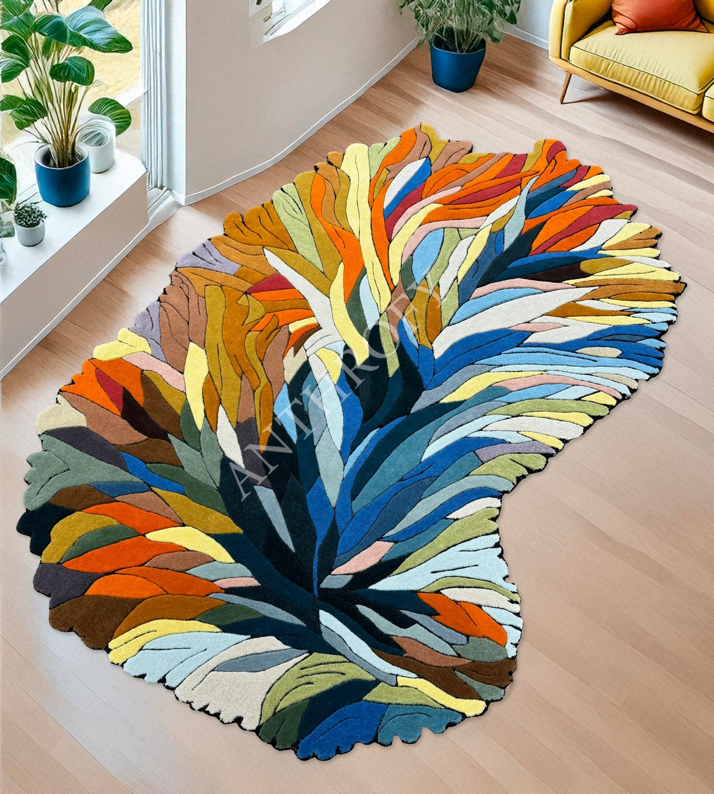 Anthrofy Irregular Shape Wool Area Rug – Multicolor 4’ x 6' – Handmade - Unique Botanical Design – Thick & Soft Rugs for Living Room, Bedroom –Non-Slip Backing with 100% Cotton